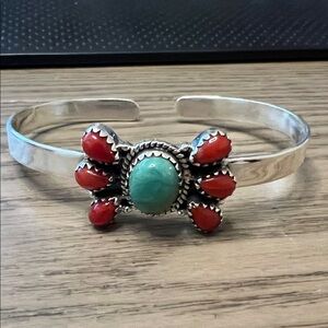 Coral and Kingman Turquoise Sterling Cuff